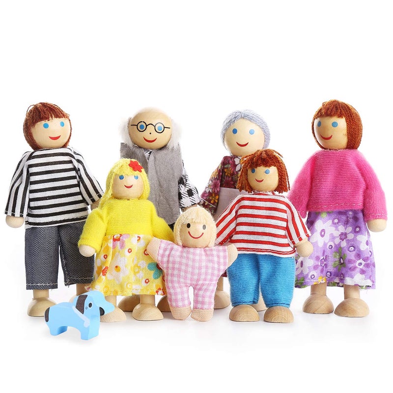 PUCKWAY Lovely Happy Family Dolls Playset Wooden Figures Set of 7 People with Dog for Kids Children Toddlers Dollhouse Pretend Gift - Image 1